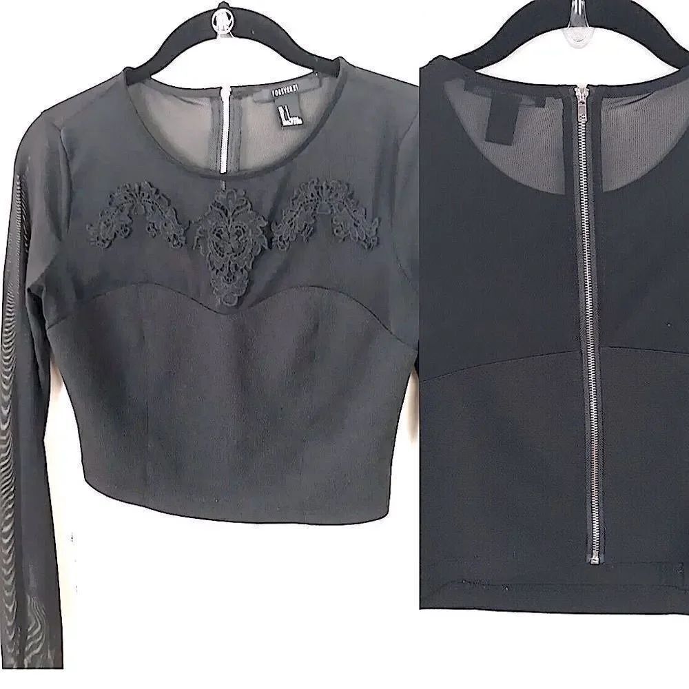 Forever 21 Crop Top Black Lace Floral mesh semi sheer Long Sleeve y2k Vegas S